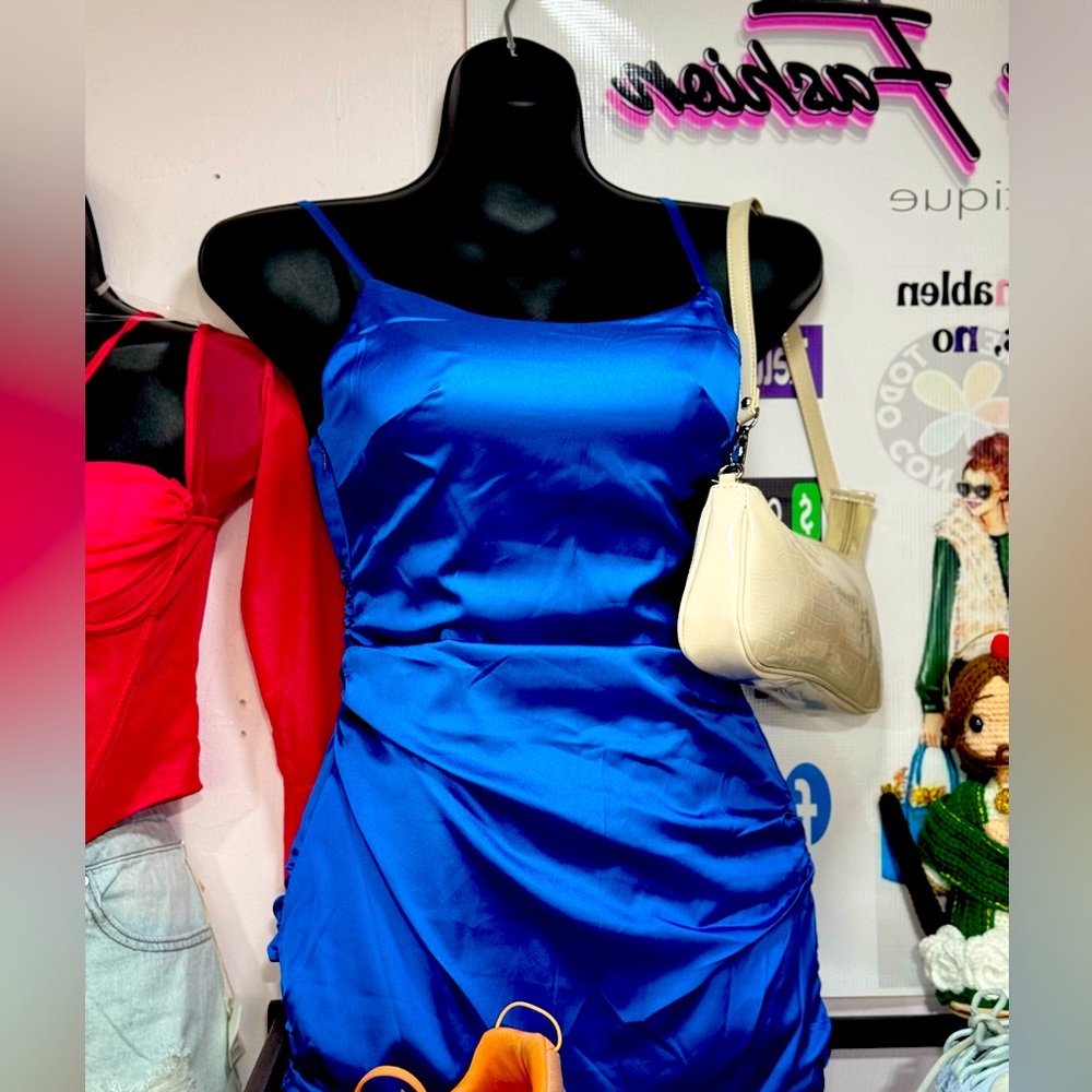 Vibrant Blue Satin Dress with Cream Shoulder Bag
